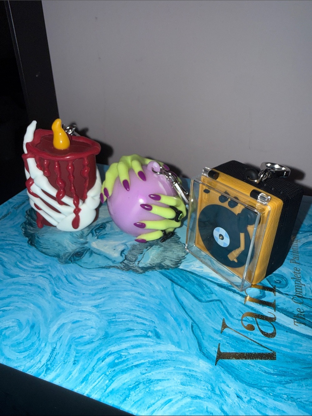 Spooky Candle, Purple Monster Ball, and Mini Turntable Pocketbac Keychain Set - Picture 2 of 2